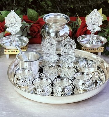 German silver pooja thali set of 17 pieces for varalakshmi pooja/housewarming