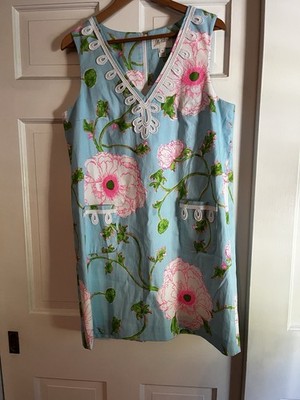 Sidonie Stretch Shift Dress In Fresh Water Blue Bursting Blooms In Size 10