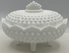 Vintage Fenton Oval Footed Hobnail Lidded Candy Dish Milk Glass Trinket Covered