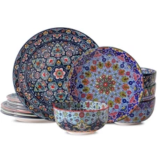 Bohemian Dinnerware Sets, Ceramic Dishes Set for 4, 12 Pieces Plates and Bowl...