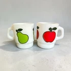 Vintage Fire King Anchor Hocking Apple & Pear Stacking Milk Glass Mugs Set of 2