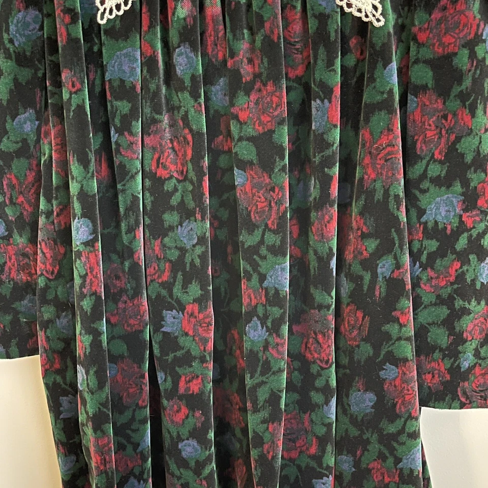Vestido de fiesta floral vintage de terciopelo con cuello de encaje con ojales ediciones raras 6x Foto 3 de 4