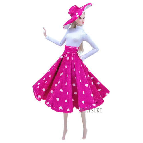 Hot Pink Kostüm Set für Barbie Puppe Outfits Weiß Tops Polka Röcke Hut Kleidung - Bild 1 von 3