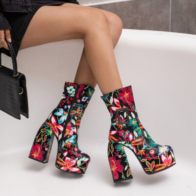 Women's Fashion Floral Printed Round Toe Block Heel Ankle Boots Platform Shoes
