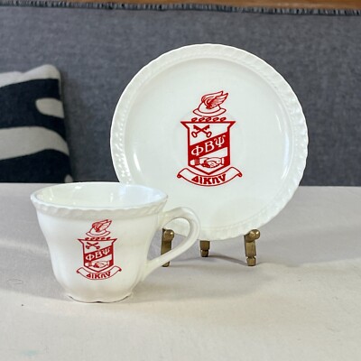 Vintage Attleboro PHI BETA PSI Ceramic Tea Cup & Saucer Set - Red Sorority Crest