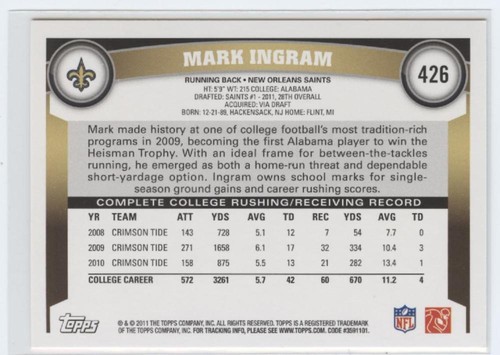 2011 Topps #426 Mark Ingram RC Rookie New Orleans Saints Football Card ID:29437 - Picture 2 of 2