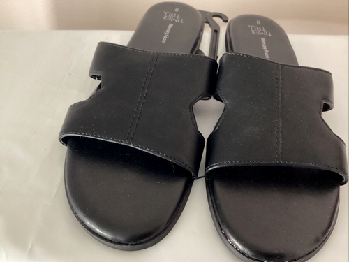TIME AND TRU MEMORY FOAM Black Core HBand Flat Heel Sandals Sz 9 - Picture 2 of 6