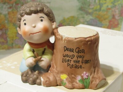 Enesco DEAR GOD KIDS Campfire Boy Dear God WOULD YOU LIGHT THE FIRE? PLEASE 1982