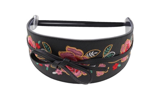 Express Brown Genuine Leather Floral Embossed Wide Studded Belt Women Size L EXPRESS Brown Leather Wide Floral Cut Out Flower Belt Studs  main image 3
