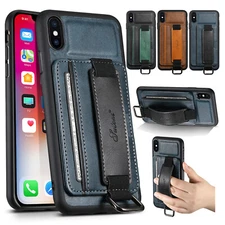 Shockproof Leather Card Handle Strap Case For iPhone 15 16 17 Pro Max 14 13 12
