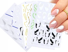 Line Nail Art Stickers Decals, 6 Sheets 3D Metal Black White Silver Green Blue L