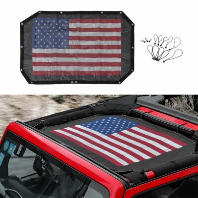 CheroCar American Flag Mesh Sunshade Top Cover For Jeep Wrangler JK 2-Door (2007-2017) Black