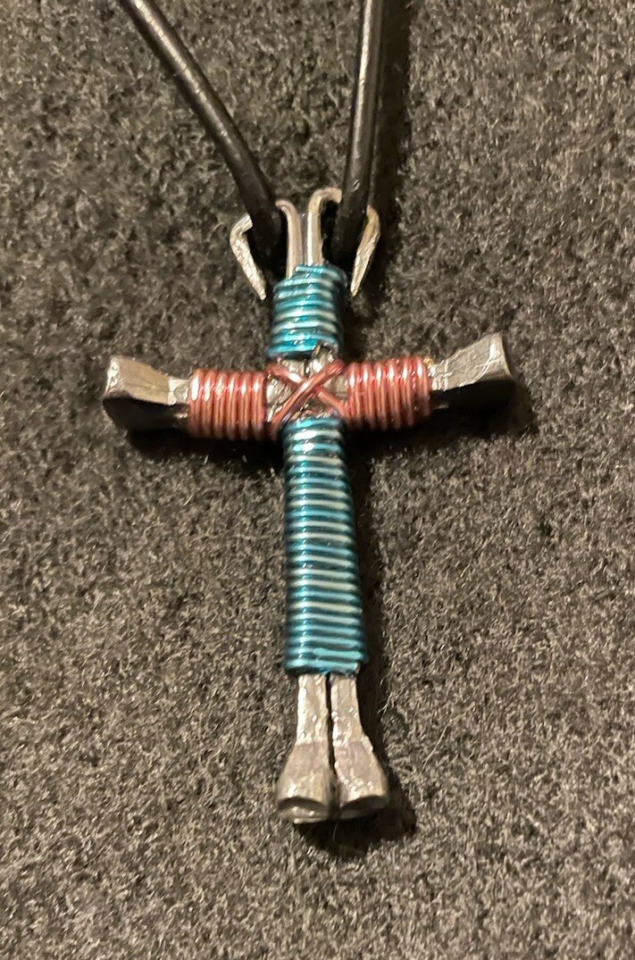 Blue Wire Wrapped Horseshoe Nail and Cord Disciple Cross Necklace eBay