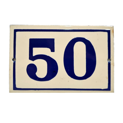 Vintage French beige & blue house address number enamel sign plaque 50 Paris