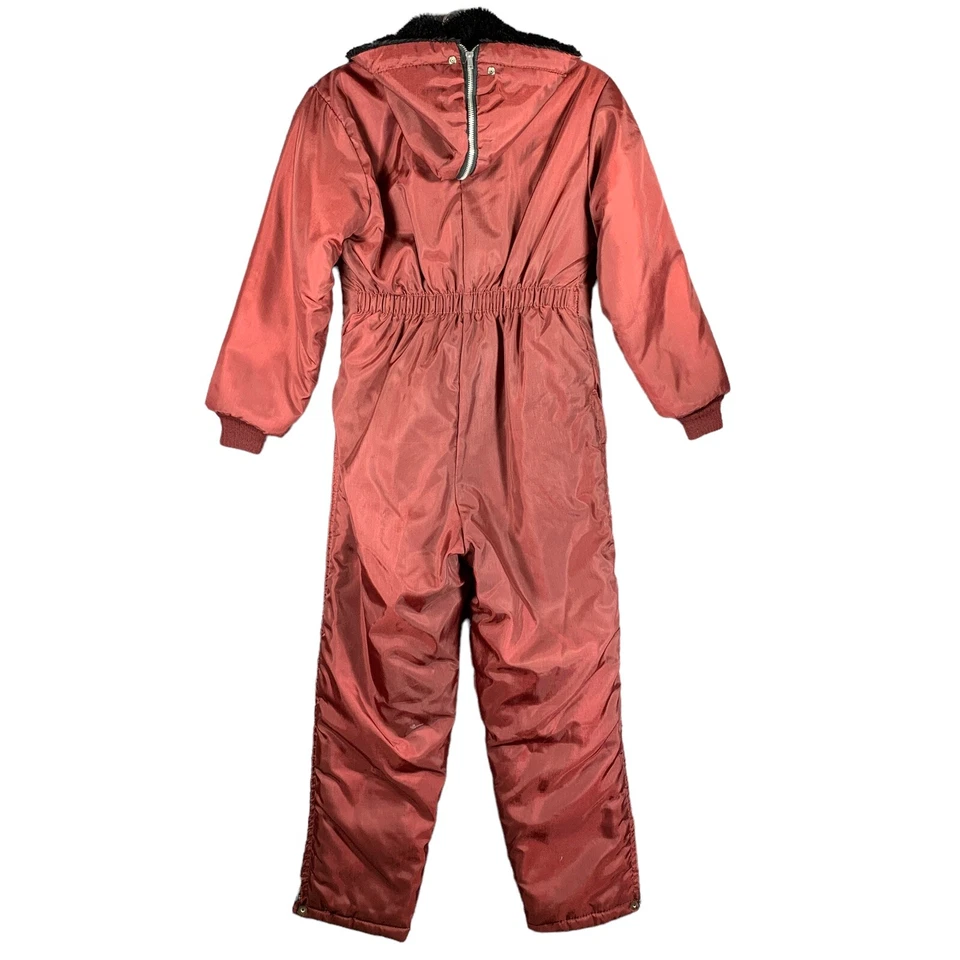 Vintage 70's United Pioneer Quilted Snowmobile Suit Boy’s M Burgundy Hood Zip - Image 2 of 4