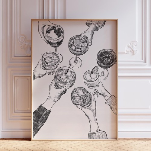 Retro Alcohol Cocktail Cheers Kitchen Bar Cart Wall Art Print Poster - 第 1/5 張圖片