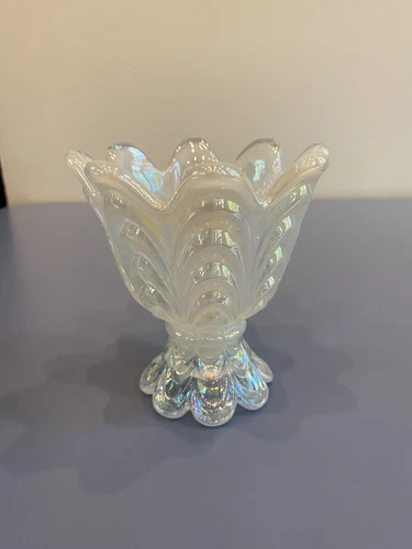 FENTON 2-WAY Reversible Opal Iridescent Glass Drape Candle Holder W/LABEL 4.25"H