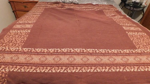 25-659 Vintage Old Soft Wool Reversible Scrolls Bursts Brown Tan Blanket Cutter - Picture 2 of 12