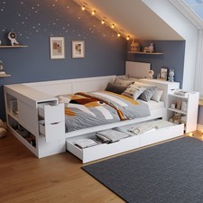 Daybed Wooden Platform Bed 4ft6 Double Bed Frame with Storage Drawers & Shelves
