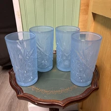 Libby Vintage Hobstar High Ball Drinking Glass Frosty Blue Set Of 4 Beautiful