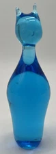 Vintage Konst Glashyttan Urshult Sweden Hand Blown Art Glass Blue Cat Kitty