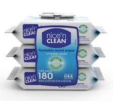 Nice N Clean Plant-Based Flushable Wet Wipes, 3 Flip-Top Packs 180 Total Wipes 