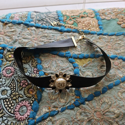 Leather Choker Designer Necklace Sunburst Designer Gold Charm - Picture 1 of 4