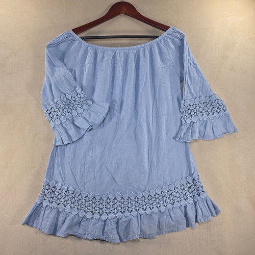 Cute Options Blue Cotton Off Shoulder Crochet Lace Bell Sleeve Boho Top Large