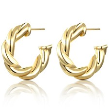 Twist Rope Hoop Earrings 14K Gold Plated 925 Sterling Silver Post Thick Hypoalle