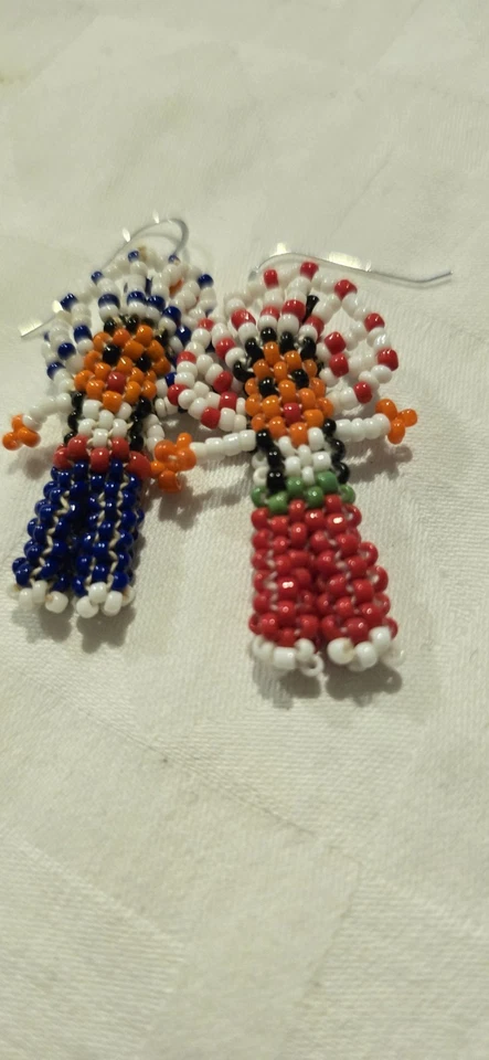 Vintage Native American Beaded Chief Red & Blue Drop Earrings - Image 4 of 4
