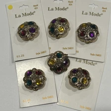 Lot Of 6 La Mode Gold Shank Buttons Jewel Tone Colored Stones Plastic 1-1/4" NEW