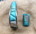 VINTAGE 1970 NAVAJO TURQUOISE & MOP STERLING BRACELET & MATCHING RING/46.2 GRAMS — photo 1