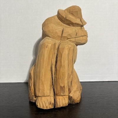 Vintage Hand Carved Walnut Wood Figurine Man on Stump Folk Art Flat Plane Style
