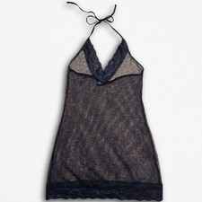 Hustler Black Fishnet Lingerie Chemise Halter Lace Trim Sheer Mini Dress OS