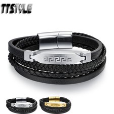 TTstyle Black Leather 316L S. Steel Greek Key Magnet Buckle Bracelet Silver/Gold