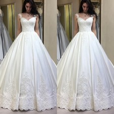 Romantic Wedding Dresses Sleeveless Satin A Line Lace Applique Bridal Gowns