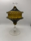 VTG Italian Green Glass EMPOLI COMPOTE DISH CLEAR RIGAREE GLASS MCM Apothecary