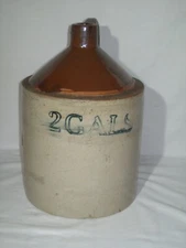 Primitive 2 Gals Salt Glaze Stoneware Crock Jug ~ Nice Antique Two Tone Jug