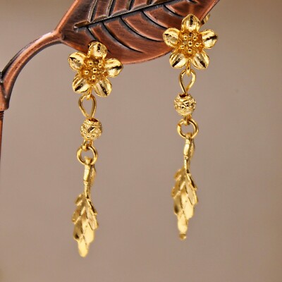 Pretty New 18K Yellow Gold Filled Flower Bead & Leaf Stud Dangle Earrings