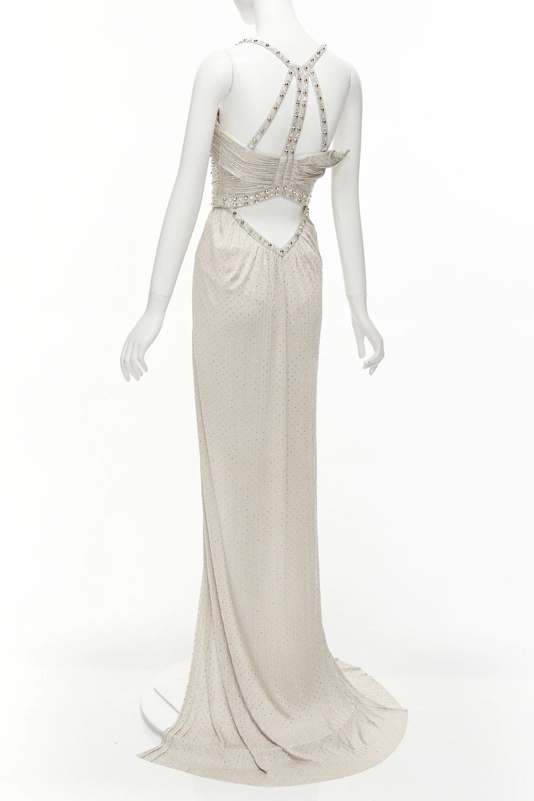 raro abito VERSACE 2011 Runway grigio cristallo impreziosito borchiato imbracatura IT38 XS