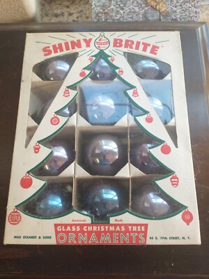 Vintage Eckardt Shiny Brite 12 Glass Christmas Ornaments Blue Color Balls Box