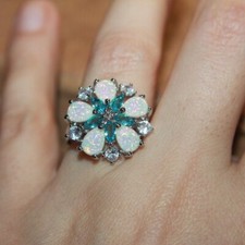 fire opal Cz ring gemstone silver jewelry cocktail Flower engagement wedding F23