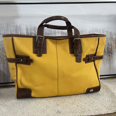 Coach Travel Tote Bag Canvas Leather 5778 Brown Dark Yellow Double
