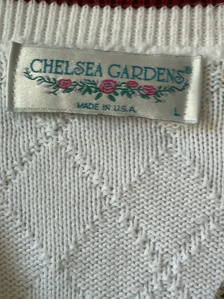 VTG Chelsea Gardens Cotton Sweater White W/ Striping Preppy Tennis Old Money L - Image 3 of 4