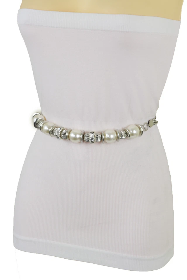 Cintura Da Ballo In Metallo Argento Con Perline Per Donne In Vita Alta S M L - Immagine 3 di 4