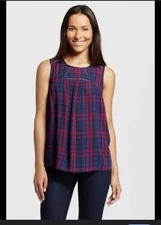 Knox Rose Size Xl Tank Top Plaid High Neck Lace Inlet Boho Layering Blue Pink