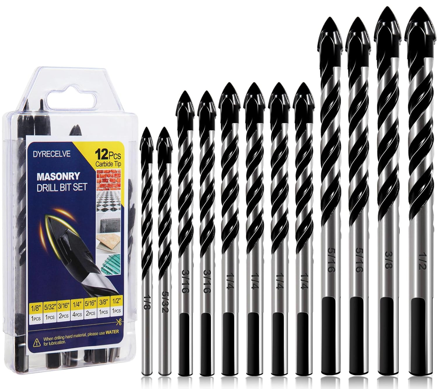 12-PCS Masonry Drill Bit Set & Concrete Drill Bit Set, 1/8 to 1/2 Inch Professio