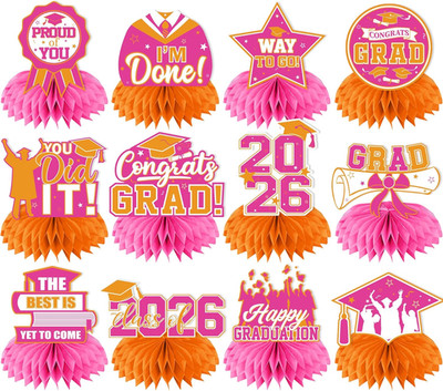 12Pcs Pink and Orange Graduation Decorations Honeycomb Centerpieces, Class of 20