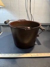 Antique Cast Iron Kettle Cauldron Pot with Wooden Bail Handle Grips Primitive