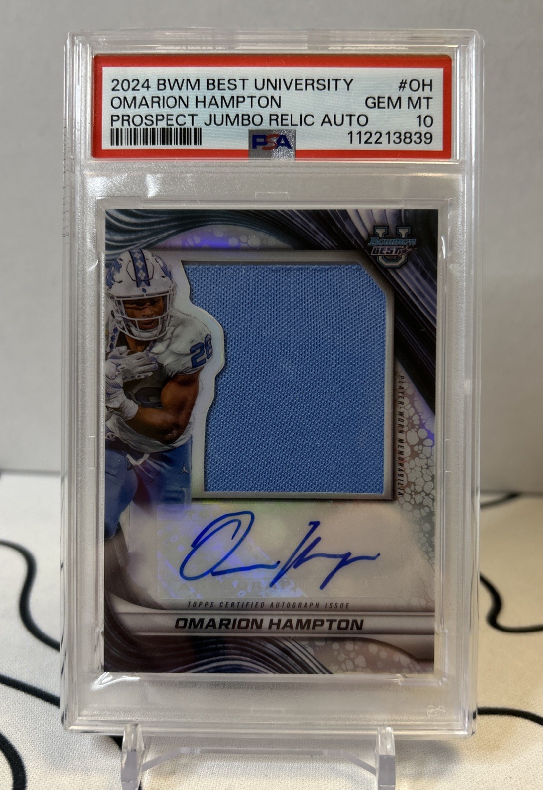 Omarion Hampton North Carolina Tar Heels 2024 Bowman's Best U Jumbo Relic Auto PSA 10 